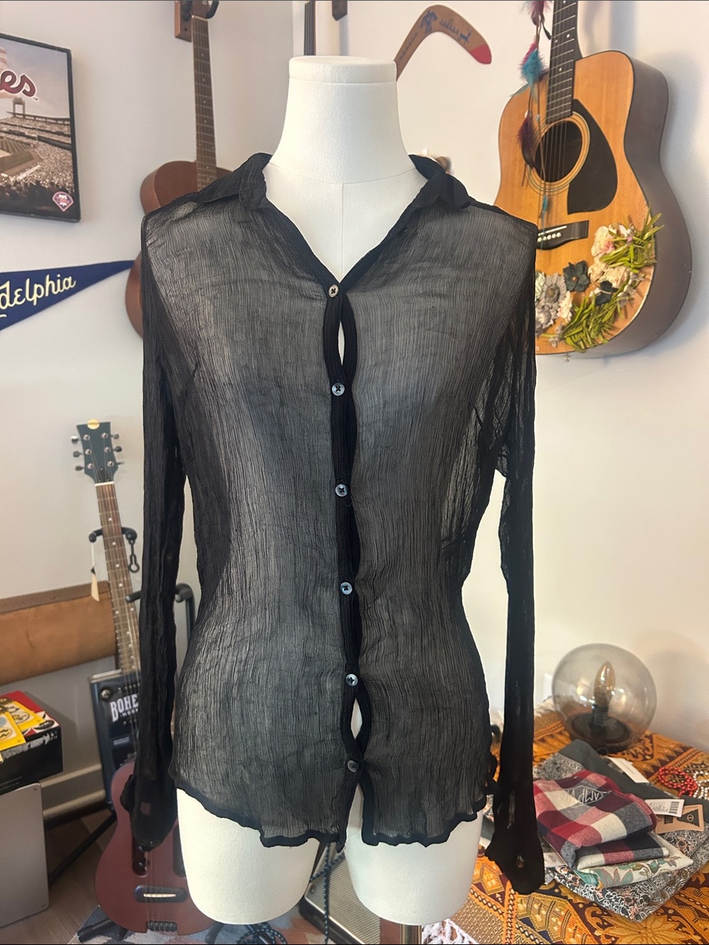 Urban Outfitters BDG Sheer Black Button-Front Women's Top